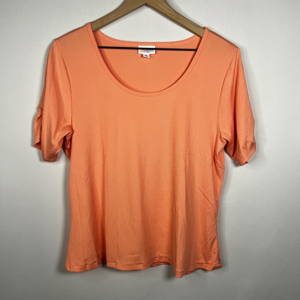 Lularoe Top Women Medium Peach Pink Ribbed Cinch Sleeve Short‎ Sleeve Blouse
